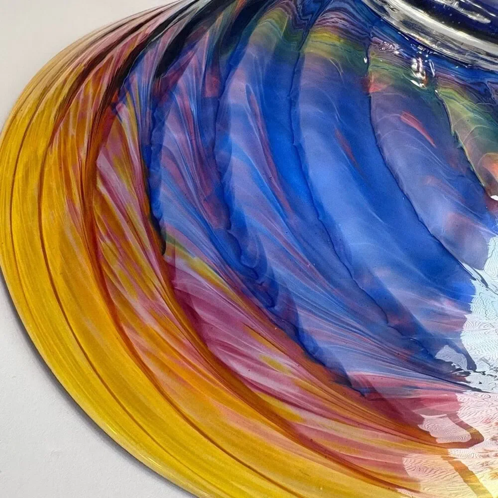 Hand Blown Glass Footed Wide Rim 9” Multicolor Swirl Glass Bowl